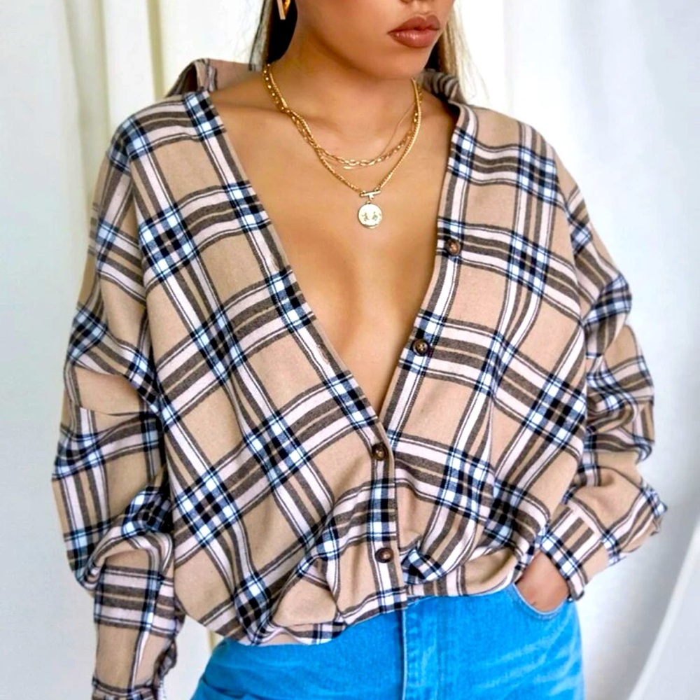 Plaid Drop Shoulder Button Up Blouse